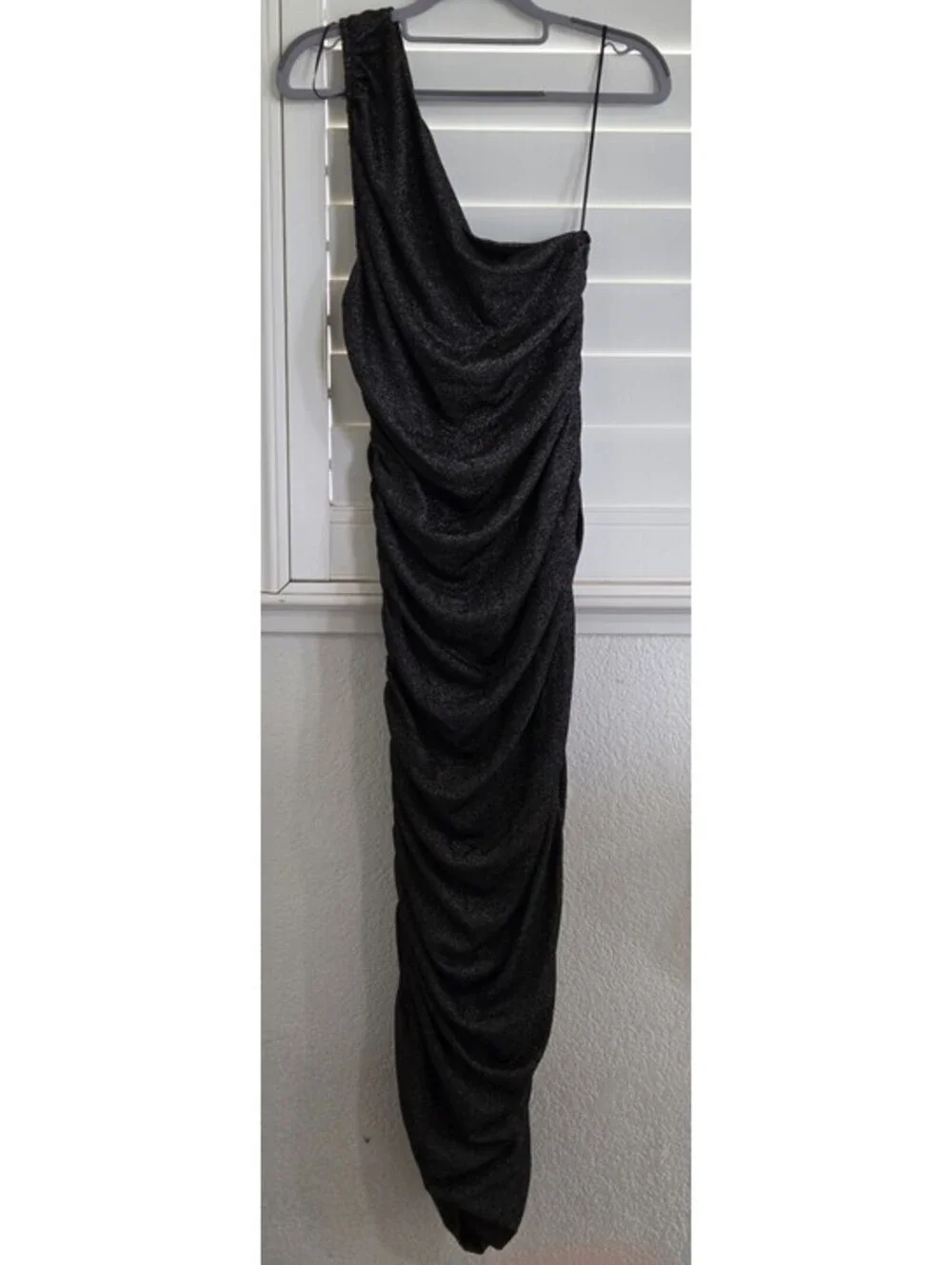 Michael Kors One Shoulder Ruched Metallic Black Silver Midi Dress L NWT